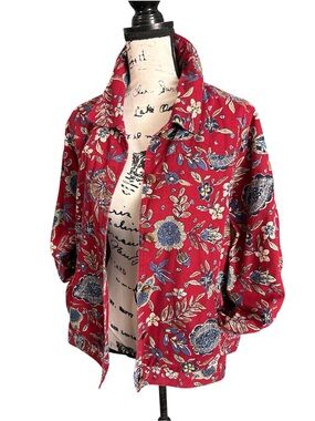 Red Floral Cotton Botanical Button Down Boho Shirt Jacket Lightweight Layer L